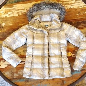 Columbia Omni-Shield Puffer Jacket Fur Lined Hood Light Grey Plaid GUC Size S
